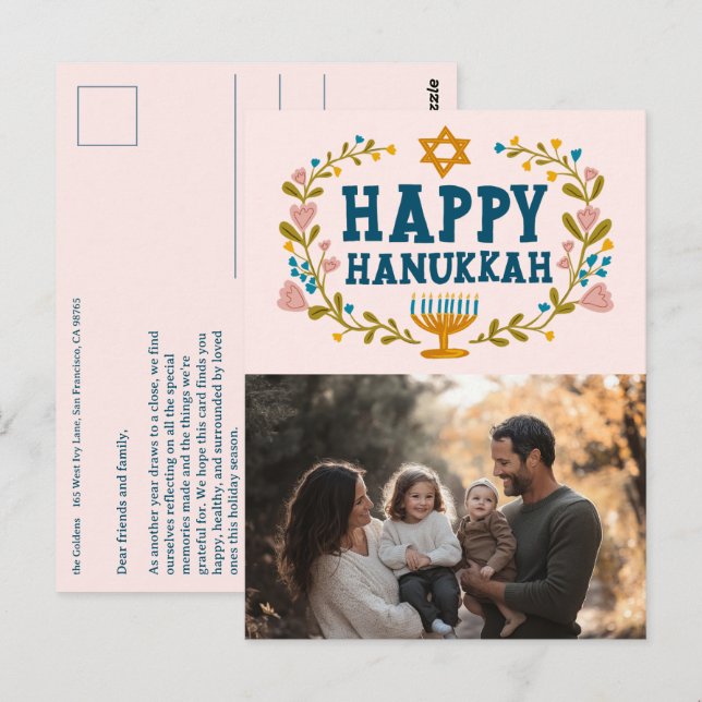 Carte Postale HEUREUX HANOUKKA Floral Wreath Menorah Photo perso (Devant / Derrière)