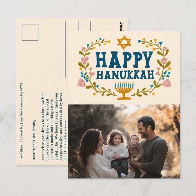 Carte Postale HEUREUX HANOUKKA Floral Wreath Menorah Photo perso (Devant / Derrière)