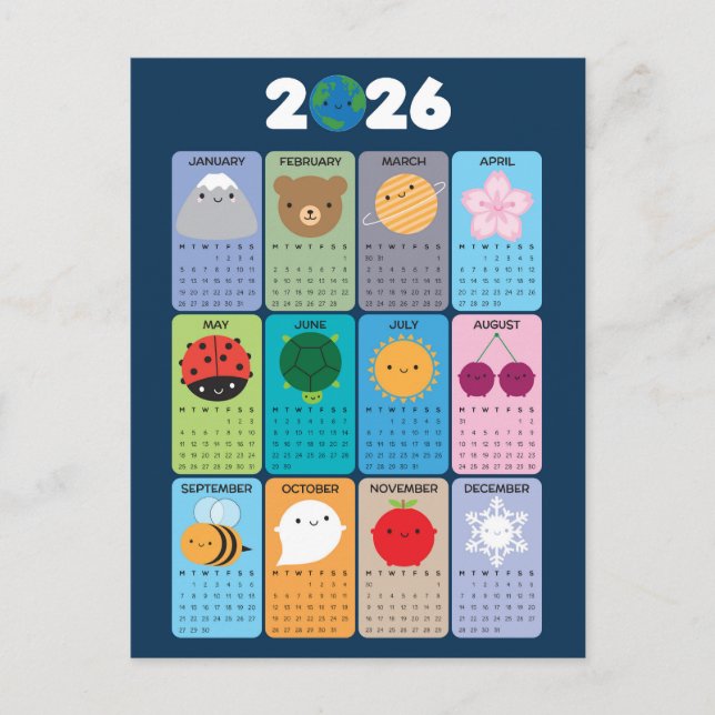 Carte Postale Heureux Nature Kawaii 2026 Calendrier (Devant)