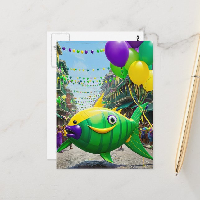 Carte Postale Heureux Poisson Vert de Mardi Gras (Devant/Arrière en situation)