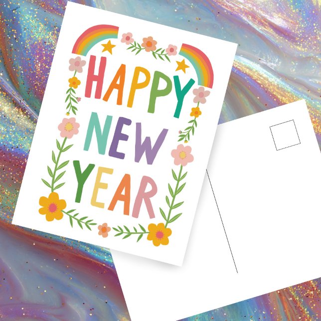 Carte Postale HEUREUX Whimsical HEUREUX manuel de la nouvelle an (Cheerful Whimsical Rainbow HAPPY NEW YEAR Floral Handlettering Boho Postcard
)