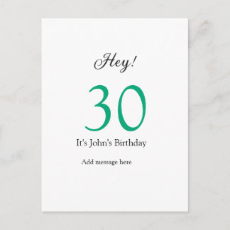 Carte Postale Hey it's 30th birthday green black bold letter nam