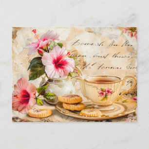 Carte Postale Hibiscus Blossoms et Fantasy Script and Tea Cup