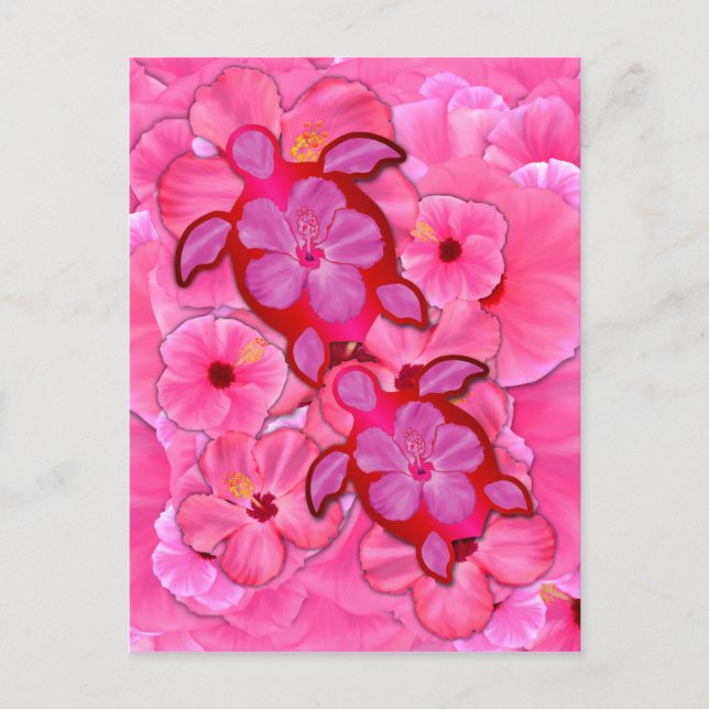 Carte Postale Hibiscus Rose Et Tortues Honu (Devant)