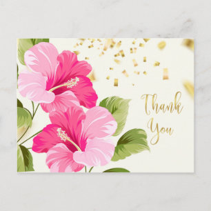 Carte Postale Hibiscus rose, Merci de confettis doré