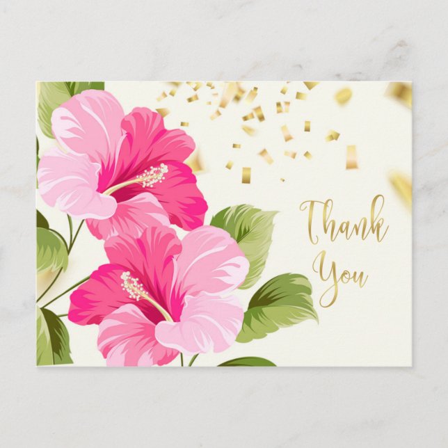 Carte Postale Hibiscus rose, Merci de confettis doré (Devant)