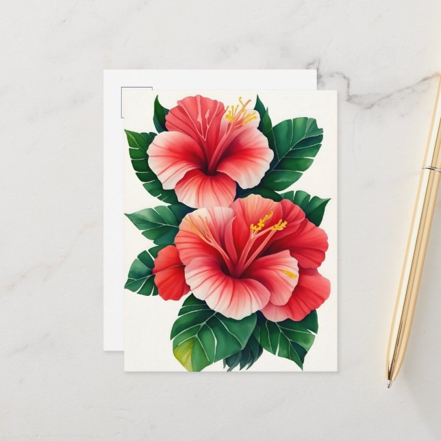 Carte Postale Hibiscus rouge clair tropical Hawaïen (Devant/Arrière en situation)