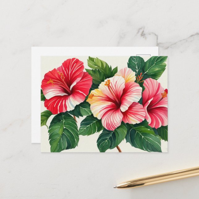 Carte Postale Hibiscus rouge Hawaï tropical (Devant/Arrière en situation)