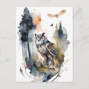 Carte Postale Hibou à l'aquarelle dans la forêt