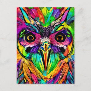 Carte Postale Hibou avec des plumes colorées Art IA ironique