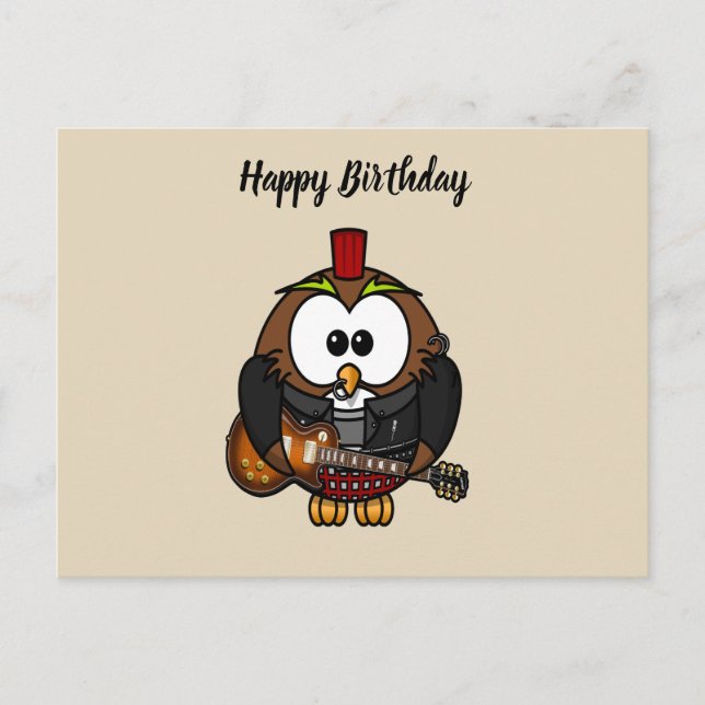Carte Postale hibou blanc et brun jouant une guitare avec casque (Devant)