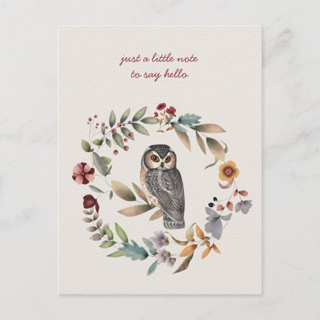 Carte Postale Hibou dans la couronne florale penser à vous (Devant)