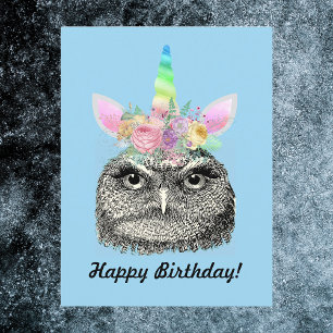 Carte Postale Hibou-Je-Corne Licorne Vintage Joyeux Anniversaire
