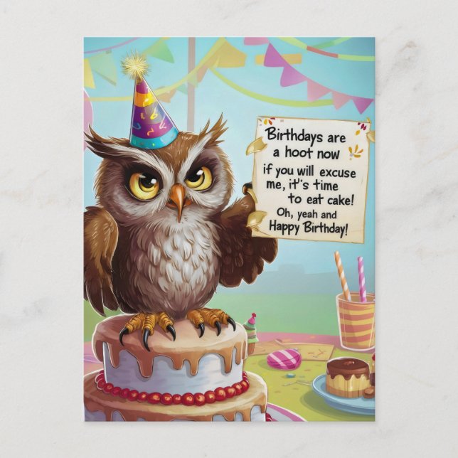 Carte Postale Hibou portant un chapeau d'anniversaire debout sur (Devant)