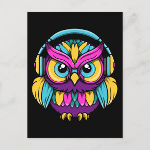 Carte Postale Hibou Rétro Portant des Écouteurs