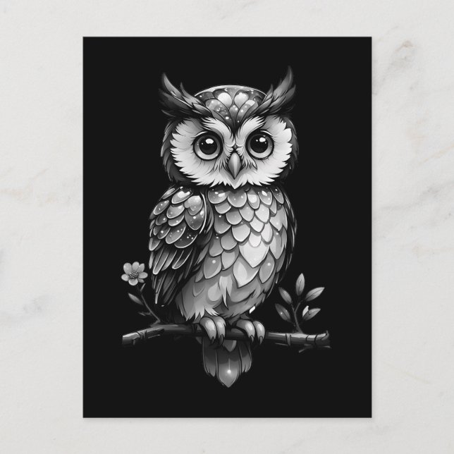 Carte Postale Hibou sur une branche florissante - noir et blanc (Devant)