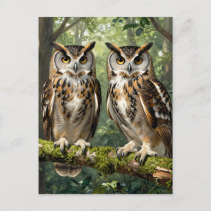 Carte Postale Hiboux Grands-Ducs Forêt Perché