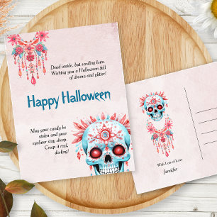 Carte Postale Hilaire Pink Blue Sugar Skull Drôle Halloween