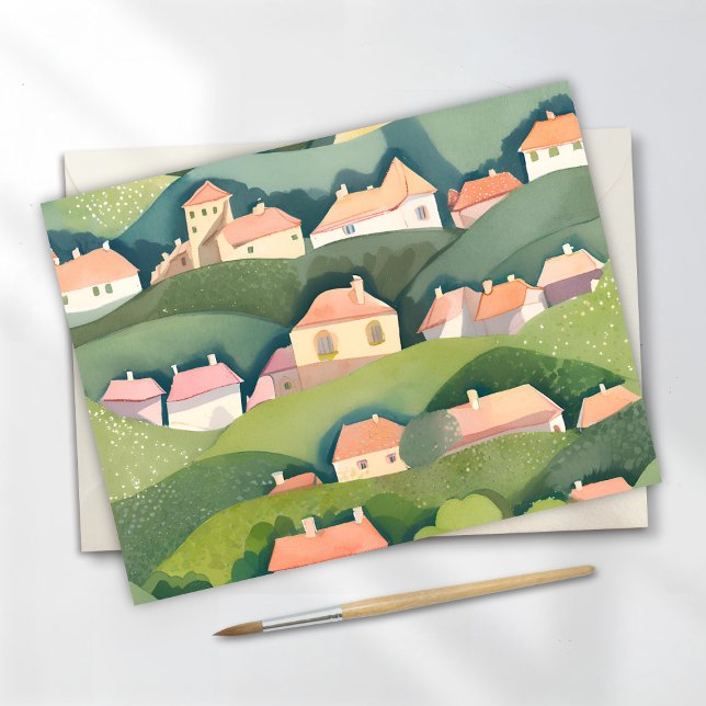Carte Postale Hillside Homes | Nature Aquarelle Peinture Aérée (Créateur téléchargé)