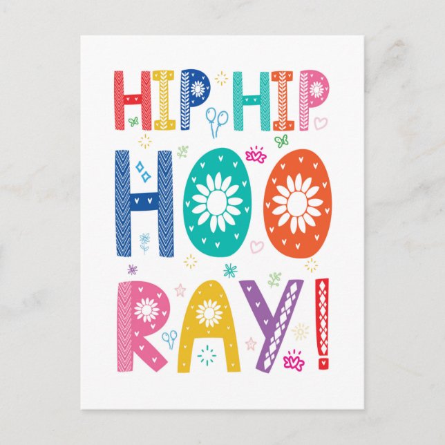 Carte Postale Hip Hip Hooray Félicitations avec une typographie  (Devant)