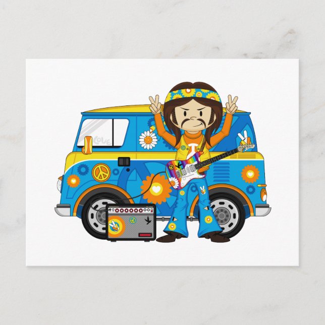 Carte Postale Hippie Boy avec Guitare et Camper Van (Devant)