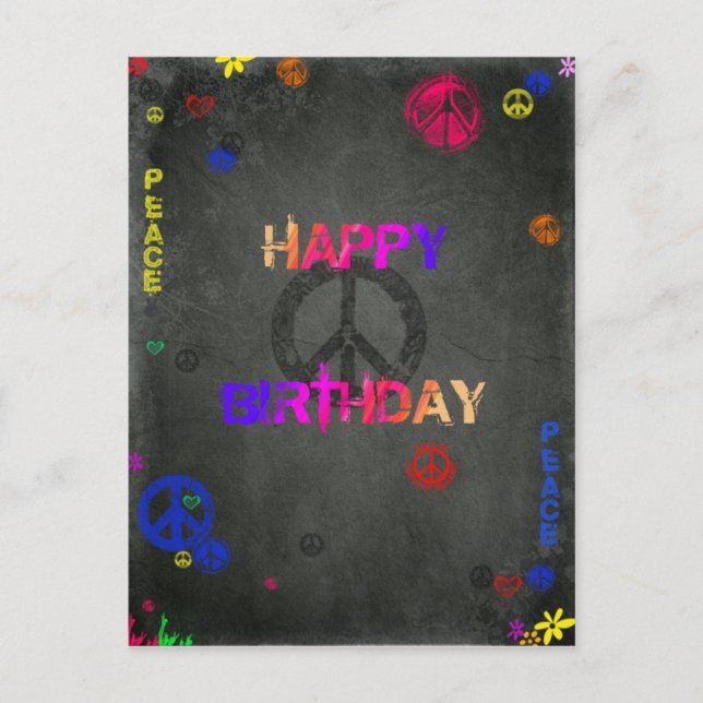 Carte Postale Hippie Joyeux anniversaire en noir (Devant)