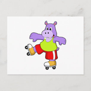 Carte Postale Hippo comme patineur avec patins en ligne