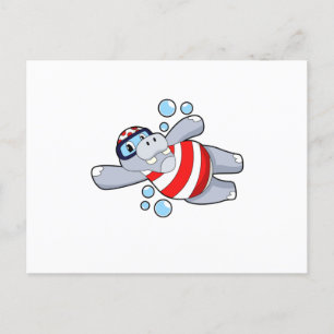 Carte Postale Hippo comme Plongeur avec lunettes de natation