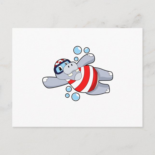Carte Postale Hippo comme Plongeur avec lunettes de natation (Devant)