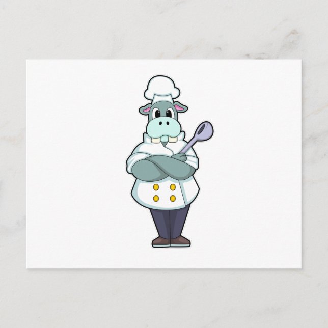 Carte Postale Hippo cuisiner avec cuillère en bois et tablier de (Devant)