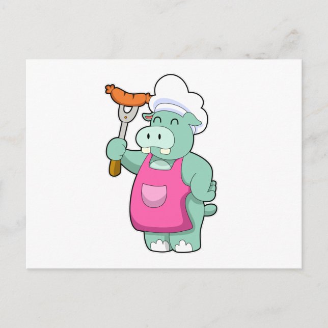 Carte Postale Hippo cuisiner avec des saucisses (Devant)