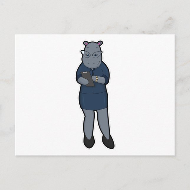 Carte Postale Hippo en tant que secrétaire avec Bloc-notes et st (Devant)