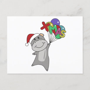 Carte Postale Hippo Joyeux Noël Animaux d'hiver Hippopotames