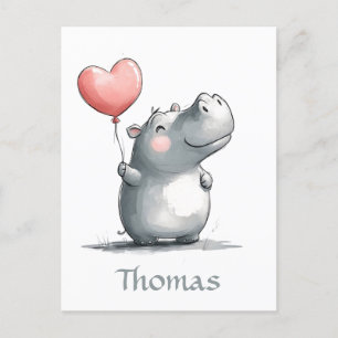 Carte Postale Hippo mignon avec illustration de ballon cardiaque
