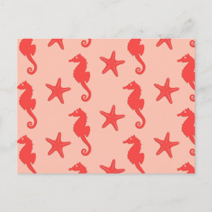 Carte Postale Hippocampe et étoiles de mer - nuances de corail o