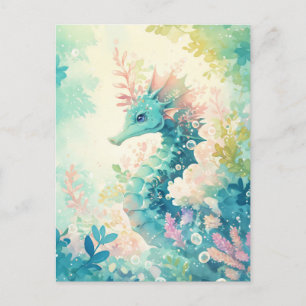 Carte Postale Hippocampe sarcelle fantaisiste et botanique menth