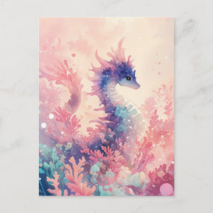 Carte Postale Hippocampe Violet Fantaisiste dans du Corail Rose