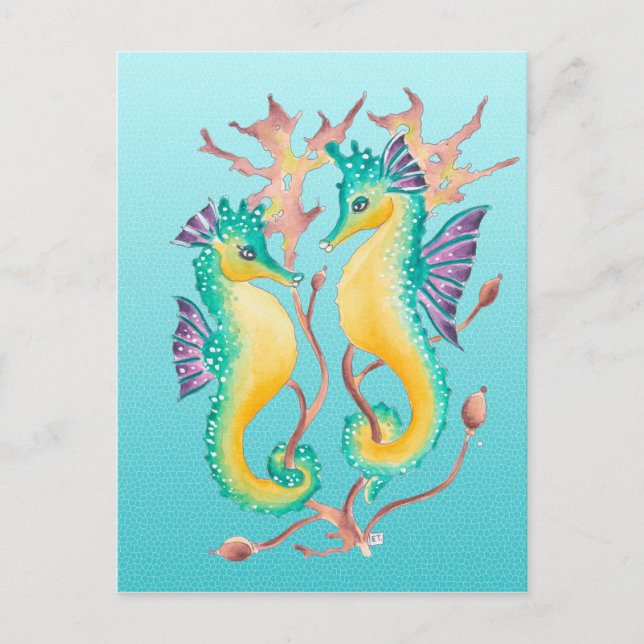 Carte Postale hippocampes Vitrail turquoise (Devant)