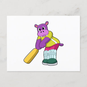 Carte Postale Hippopotame au cricket avec batte de cricket