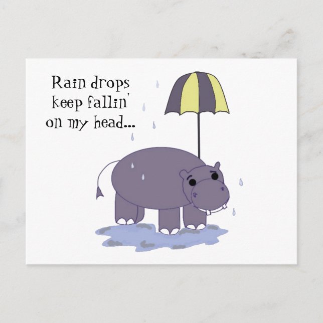 Carte Postale Hippopotame avec parapluie par temps de pluie (Devant)