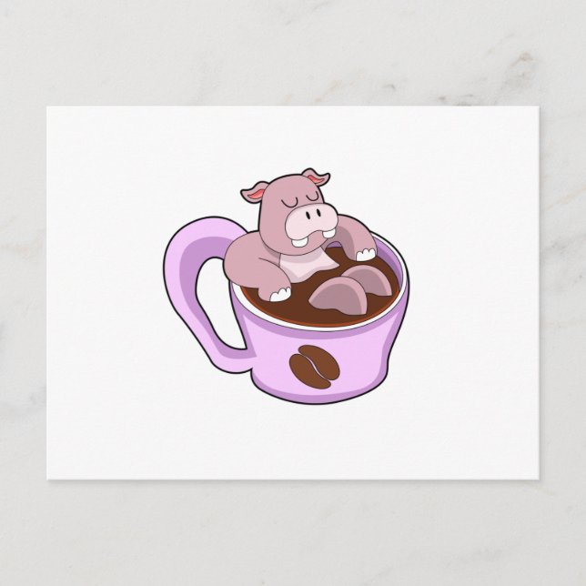 Carte Postale Hippopotame avec une tasse de café (Devant)