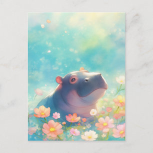 Carte Postale Hippopotame bleu nageant dans une piscine de fleur