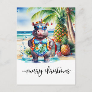 Carte Postale Hippopotame d'Hawaii célébrant Noël à la plage