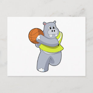Carte Postale Hippopotame en joueur de basket avec ballon de bas
