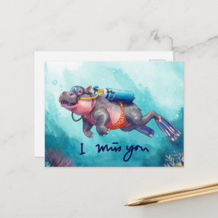 Carte Postale Hippopotame en plongée sous-marine Je t'aime 