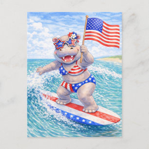 Carte Postale Hippopotame surfeur surfant le 4 juillet jour de l