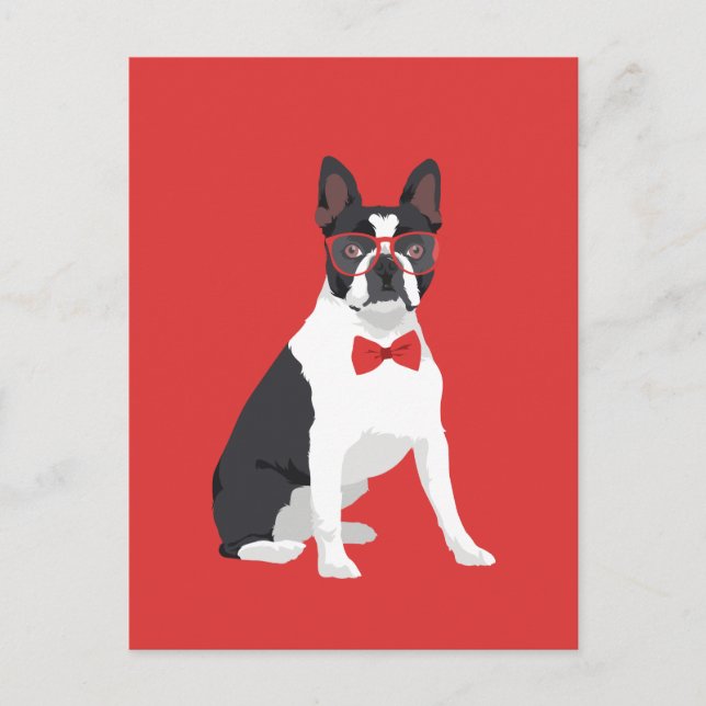 Carte Postale Hipster Boston Terrier avec lunettes rouges et Cra (Devant)