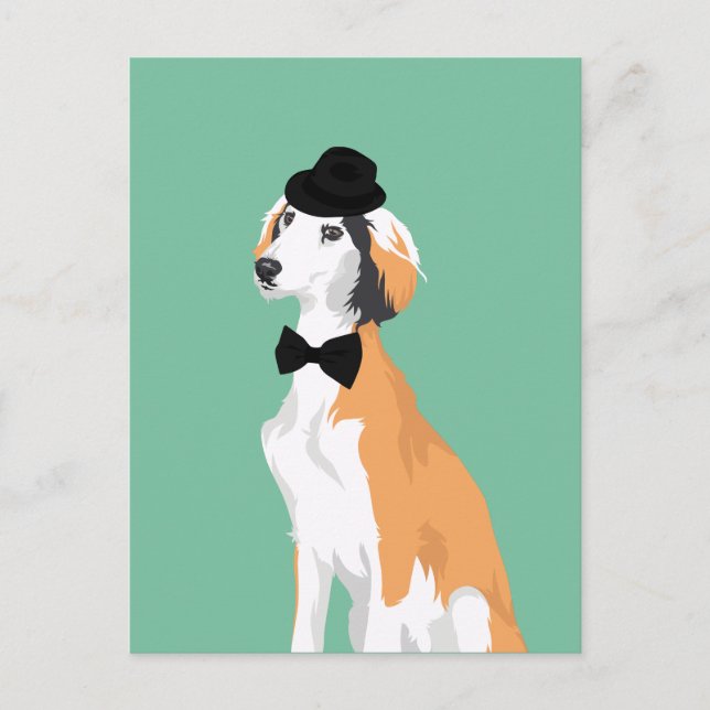 Carte Postale Hipster Saluki Chien chiot en Casquette et Cravate (Devant)