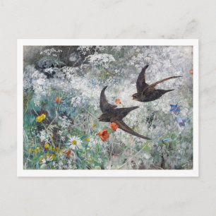 Carte Postale Hirondelle et champ de fleurs, Bruno Liljefors