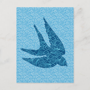 Carte Postale Hirondelle japonaise en vol, bleu cobalt et bleu p